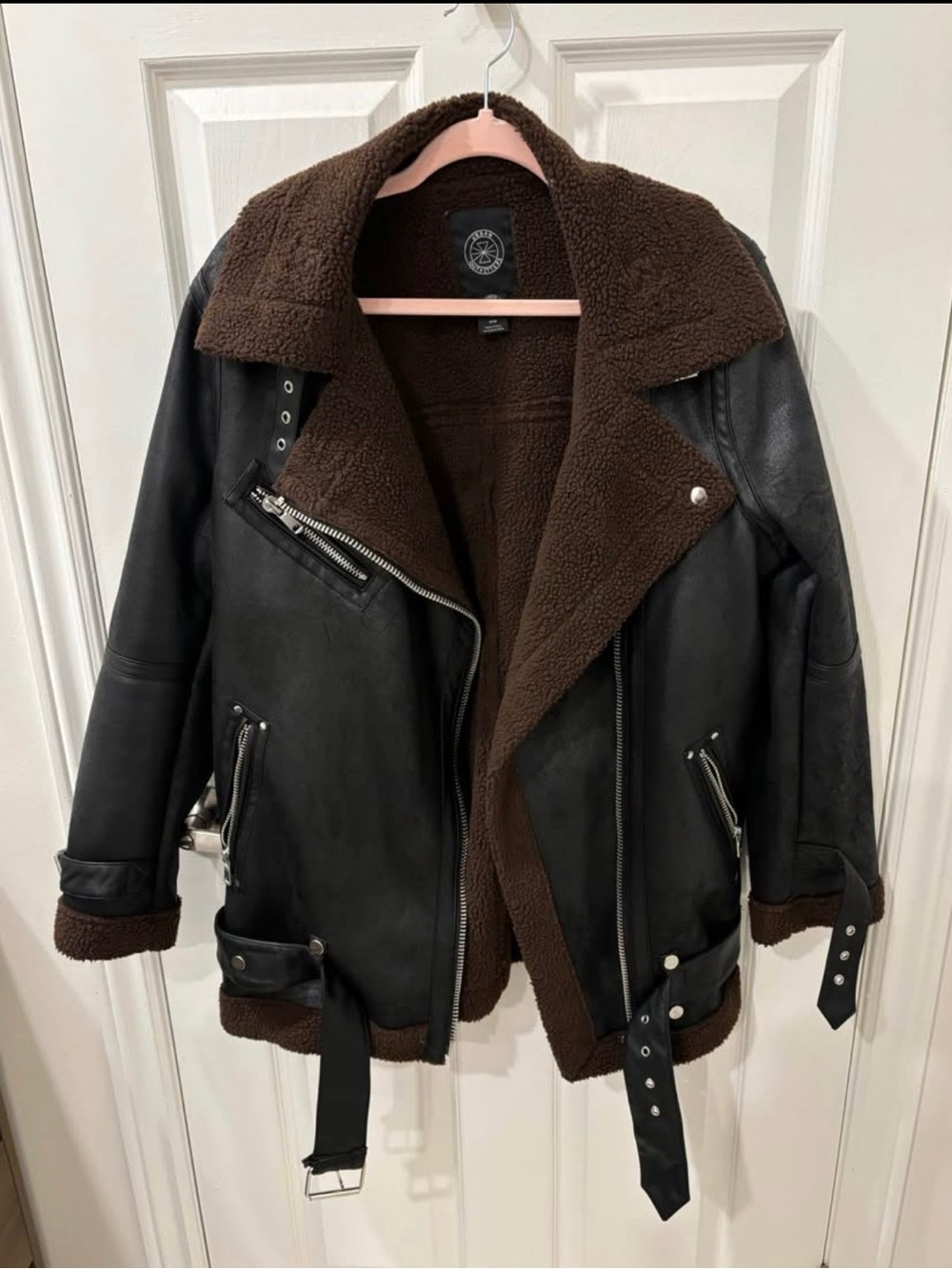 Urban Outfitters Black Leather Puffer Jacket with Brown Sherpa Lining